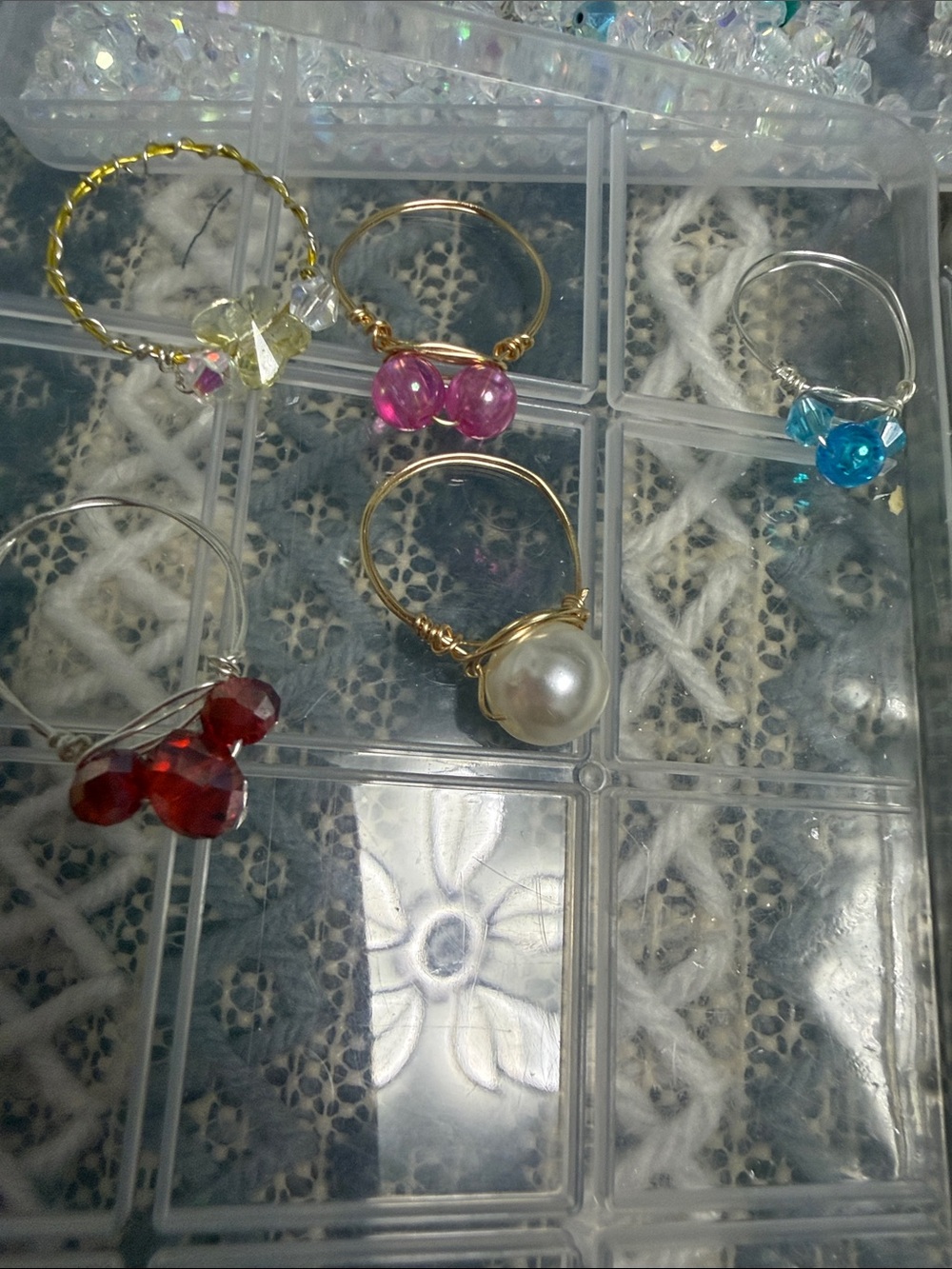 5 Handmade Pearl and Crystal Wire-Wrap Rings - Assorted Colors